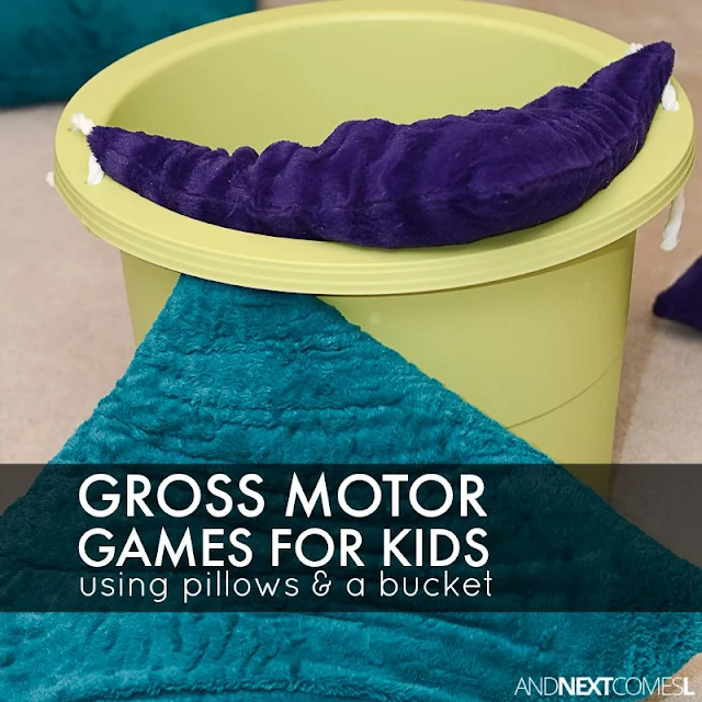 8 gross motor activities for kids using pillows & a bucket - great boredom buster ideas from And Next Comes L