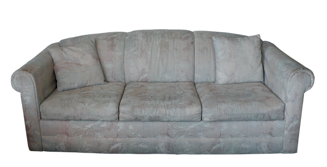 A light-toned sofa in floral fabric with a later 1980s, early 1990s style. Simple design but not very interesting.