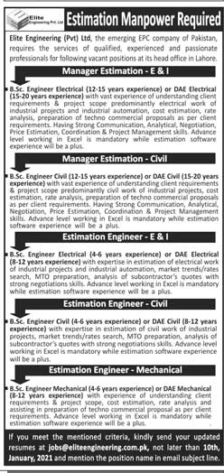 Elite Engineering Pvt Limited Jobs 2021 Lahore Latest Advertisement For Estimation Engineer, Manager Estimation Posts