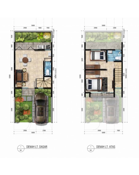 Denah rumah  minimalis  ukuran  5x12  meter 2  kamar tidur 2  