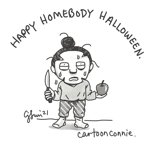 Single-panel illustration of a girl with a bun, wearing a sheet mask and gripping a paring knife and apple, looking creepy as all hell. Text reads "Happy Homebody Halloween." Drawing by Connie Sun, cartoonconnie