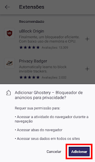 uma mensagem surge na tela, com um botão clicável e escrito 'adicionar'