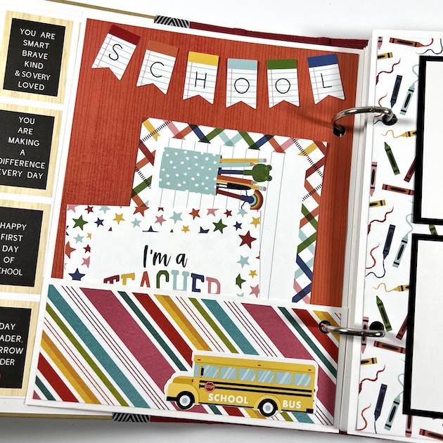 I Love School Scrapbook Album page with a pocket, crayons, a school bus, and stars