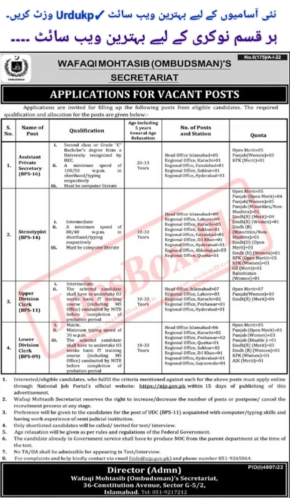 Wafaqi Mohtasib Secretariat Jobs 2023