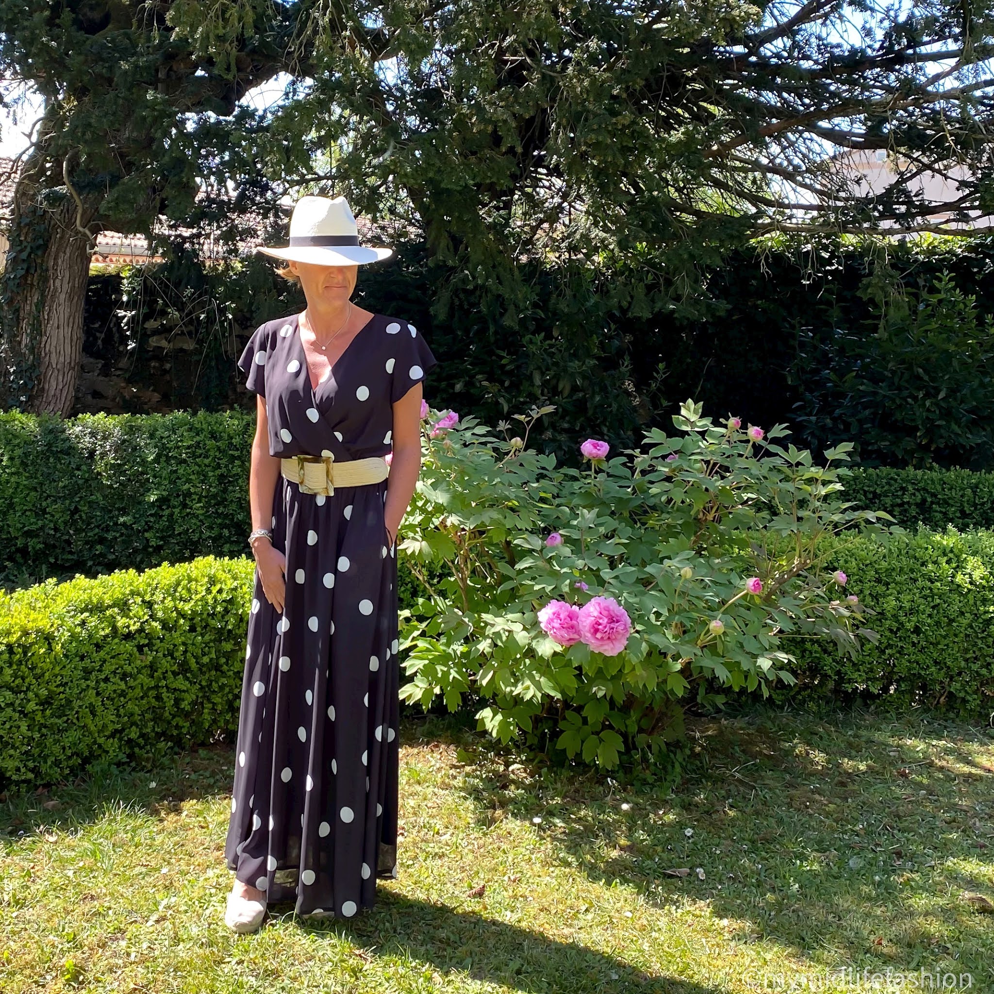 my midlife fashion, hot squash chiffon wrap top maxi dress, zara straw Panama hat, zara jute woven belt, Carl Scarpa Brittany wedge sandals