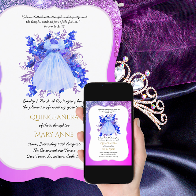 blue purple quinceanera invitations