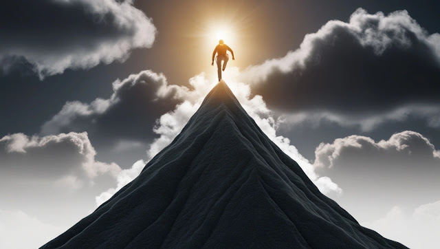 Personne déterminée escaladant une montagne, entourée de nuages sombres et d'une lumière dorée au sommet, symbolisant l'atteinte des objectifs malgré les défis.