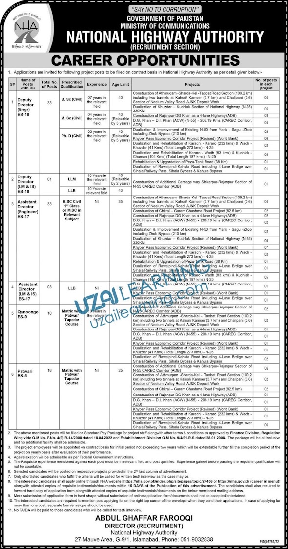 National Highway Authority NHA Latest Jobs Opportunity 2023