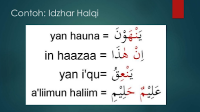 Penjelasan Idzhar Halqi Beserta Contohnya - Idzhar Halqi merupakan salah satu cabang /bagian dari Hukum Izhar yang terdapat dalam Ilmu Tajwid. Idzhar mempunyai makna terang atau jelas. Disebut Izhar Halqi hal ini disebabkan oleh makhraj dari huruf-huruf tersebut keluarnya dari dalam tenggorakan (halq).    Hukum Idzhar Halqi ini berlaku bila terdapat Nun Sukun ( نْ ) ataupun juga  tanwin (dhomah tanwin (ــٌـ), kasroh tanwin (ــٍــ) dan fathah tanwin (ــًـ)/ sesudahnya  bertemu dengan huruf-huruf  = Alif (ا), ‘Ain (ع), Ghain (غ), Ha (ح), Kha (خ), Ha’ ( ﮬ)  dan Hamzah  ( ء ) , akan tetapi nun mati ( نْ ) ataupun juga tanwin   ــًــ, ــٍــ, ــٌــ  jarang sekali ketemu dengan huruf hijaiyzah Hamzah ( ء ), namun huruf Hamzah ini merupakan salah satu bagian dari huruf Idzhar Halqi.    contoh-huruf-izhar-halqi    Cara membaca Idzhar Halqi    Cara membaca Idzhar Halqi  adalah wajib  terang/jelas, dan tidak boleh dengan berdengung.    Contoh  Hukum Izhar Halqi :    1.  Nun mati (نْ) atau tanwin (ـًــ, ــٍــ, ــٌــ) bertemu dengan huruf Alif (ا):    Contohnya :    مَنْ اُوْتِيَ  = man uutiya    عَادٍاَخَاهُمْ  = ‘aadin akhaahum    كُفُوًااَحَدٌ  = kufuwan ahadun    عَذَابٌ اَلِيْمٌ  = ‘adzaabun aliimun    Contoh Idzhar Halqi dalam Al Qur’an Untuk Huruf Alif    وَمِن شَرِّ غَاسِقٍ إِذَا وَقَبَ  = waminng syarri ghoosiqin idzaa waqoba    Contoh di atas terdapat dalam Al Qur’an surat Al ‘Falaq ayat yang ke-3, yaitu kasroh tanwin dan ketemu dengan huruf alif (hamzah), cara membacanya yaitu terang /jelas yaitu qin (ghoo siqin idzaa).    وَمِن شَرِّ حَاسِدٍ إِذَا حَسَدَ  waminng syarri haasidin idzaa hasada    Dan itu terdapat pada Surat Al Falaq ayatu ke -5,  yaitu kalimat haa sidin idzaa hasada (nah yang mempunyai warna merah tersebut adalah idzhar halqi: kasroh tanwin bertemu dengan huruf alif).    2.  Nun mati (نْ) atau tanwin (ـًــ, ــٍــ, ــٌــ) bertemu dengan huruf Ha (ح):    Berikut contohnya:    مِنْ حَيْثُ  = min haitsu    لِمَنْ حَوْلَهُ  = liman haulahu    مُلَاقٍ حِسَابِيَةُ  = mulaqin hisaabiyatu    عَطَاءًحِسَابًا  = ‘athooan hisaban    Contoh Dalam Al Qur’an    فَصَلِّ لِرَبِّكَ وَانْحَرْ  = fasholli lirobbika wanhar    Untuk contoh tersebut diatas yaitu teradapat dalam Surat Al Kautsar ayat 2, pada kata wanhar tersebut merupakan huruf Idzhar Halqi sebab ada nun mati yang bertemu dengan huruf hijaiyah Ha (ح), dan ini waiib dibaca dengan terang kepada huruf nunnya yaitu WAN.    3. Nun mati (نْ) atau tanwin (ـًــ, ــٍــ, ــٌــ) bertemu dengan huruf Kho (خ):    Contohnya :    مَنْ خَفَتْ  = man khoffat    كَاذِبَةٍ خَاطِئَةٍ  = kaadibatin khoothiatin    نِدَاءًخَفِيًا  = nidaa an khofiyan    اِذًاكَرَةٌ خَاسِرَةٌ  = idzaa karrotun khoosirotun    Berikut contoh dalam Al Qur’an:    ٱلَّذِىٓ أَطْعَمَهُم مِّن جُوعٍ وَءَامَنَهُم مِّنْ خَوْفٍۭ  Alladzii ath’amahum min juu’I wa aamanahum min khouf    Contoh idzhar halqi dalam surat Al Quraisy ayat ke-4, MinKhouf dikatakan idzhar halqi karena adanya nun mati yang bertemu dengan huruf hijaiyah Kho (خ), Cara membacanya adalah ejelas kepada nun,    4. Nun mati (نْ) atau tanwin (ـًــ, ــٍــ, ــٌــ) bertemu dengan huruf ‘Ain (ع):    مِنْ عِنْدِ اللهِ  = min ‘indillahi    خُلُقٍ عَظِيْمٍ  = khuluqin ‘adhiimin    طَبَقَاعَنْ طَبَقٍ  = thobaqon ‘anng thobaqin    سَمِيْعٌ عَلِيْمٌ  = samii’un ‘aliimun    Contoh Dalam Al Qur’an    صِرَٰطَ ٱلَّذِينَ أَنْعَمْتَ عَلَيْهِمْ غَيْرِ ٱلْمَغْضُوبِ عَلَيْهِمْ وَلَا ٱلضَّآلِّينَ    Pada Qur’an Surat Al Fatihah Ayat Ke – 7 terdapat kata kata an’Amta, dan ini termasuk Idzhar Halqi, karena ada huruf nun mati yang bertemu dengan huruf ‘Ain. Ini hrus dibaca dengan jelas dan terang antara An dan Amta    5. Nun mati (نْ) atau tanwin (ـًــ, ــٍــ, ــٌــ) bertemu dengan huruf Ghoin (غ):    Contohnya :    مِنْ غِسْلِيْنٍ  = min ghisliinin    عَذَابٌ غَلِيْظٌ  = ‘adzaabun gholiidhun    قَوْمًاغَيْرَكُمْ  = qouman ghoirrokum    اِنْ يَكُنْ غَنِيًا  = in yakun ghoniyyan    Contoh Dalam Al Qur’an    إِلَّا ٱلَّذِينَ ءَامَنُوا۟ وَعَمِلُوا۟ ٱلصَّٰلِحَٰتِ فَلَهُمْ أَجْرٌ غَيْرُ مَمْنُونٍ    Dari Surat At Tin ayat ke-6 di atas, terdapat Idzhar Halqi yaitu pada ajrun ghoiru, karena ada fahtah tanwin bertemu dengan huruf ghoin (غ), dan untuk membacanya nun matu harus jelas yaitu aj RUN ghoiru.    6. Nun mati (نْ) atau tanwin (ـًــ, ــٍــ, ــٌــ) bertemu dengan huruf HA (ه):    Contohnya :    مِنْهَاالْبُطُوْنَ  = minhumal buthuna    لَكُمُ الْاَنْهَارَ  = lakumul anhaara    كُلُ شَيْءٍهَا  =kullu syaiinhaa    قَالُوااَوَلَمْ نَنْهَا  =qaaluu awalam nanhaa    Contoh Idzhar Halqi di Al Qur’an untuk Huruf Ha    مَآأَغْنَى عَنْهُ مَالُهُ وَمَاكَسَبَ    Pada surat Al Lahab ayat 2 di atas terdapat  kata ‘anhu  adalah termasuk ke dalah idzhar halqi, sebab ada nun mati ketemu dengan huruf HA (ھ). Cara membacanya adalah jelas kepada huruf nun ‘ANHU.    Sekian Pembahasan kali ini mengenaiPenjelasan Idzhar Halqi Beserta Contohnya . Semoga artikel ini memberikan manfaat dan pembelajaran yang menambah ilmu dan wawasan anda sekalian. Mohon maaf apabila ada kesalahan.    Jangan lupa untuk ikuti dan Sukai kami di Halaman Facebook di Ilmu Tajwid Lengkap, untuk mengetahui kabar postingan kami selanjutnya. Madrasah