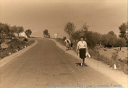 A senhora Carminda a caminho da ribeira com cesto á cabeça ( Alheia a tudo a vaquinha leiteira faz pela vida)