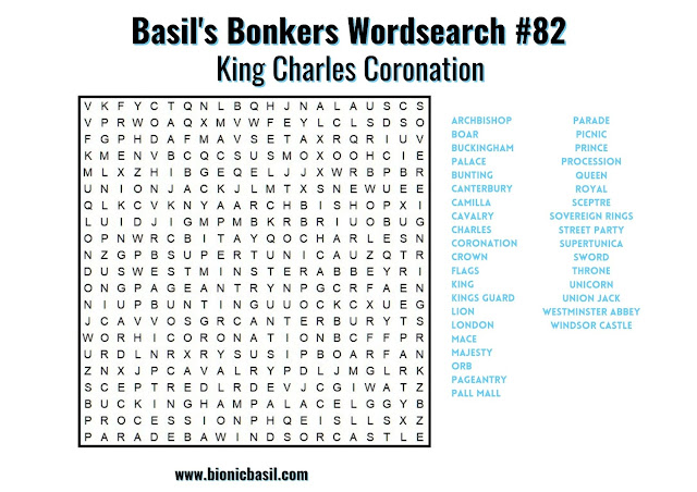 Coronation Wordsearch #82  ©BionicBasil® Brain Training with Cats