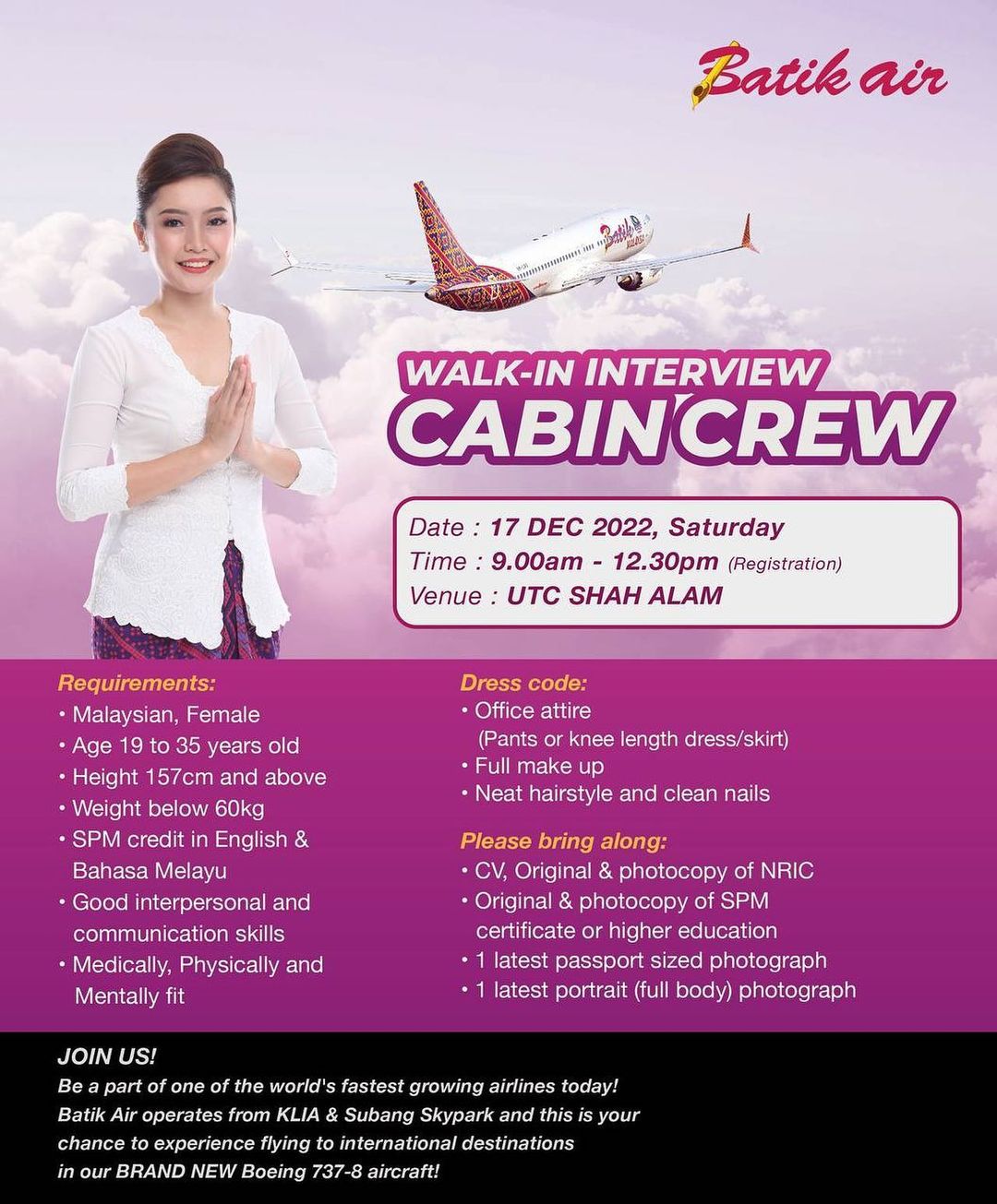Fly Gosh: Batik Air Cabin Crew Recruitment - Walk in Interview