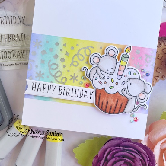Birthday Card with Confetti and Mice by Farhana Sarker | Birthday Mice Stamp Set, Confetti Hot Foil Plate, Birthday Roundabout Stamp Set and Banner Duo Die Set by Newton's Nook Designs #newtonsnook #handmade
