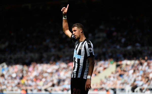 Newcastle defender Florian Lejeune in action during the Premier League match between Newcastle United and Tottenham Hotspur at St. James Park on August 13, 2017 in Newcastle upon Tyne, England