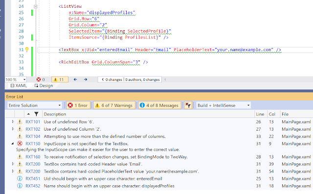 Screenshot showing XAML analysis errors