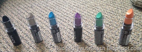 NYX Macaron Lippies in Chambord, Black sesame, blue velvet, violet, pistachio, and orange blossom