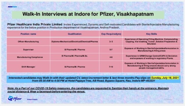 Pfizer Inc | Walk-in interview at Indore for Visakhapatnam plant on 18th July 2021