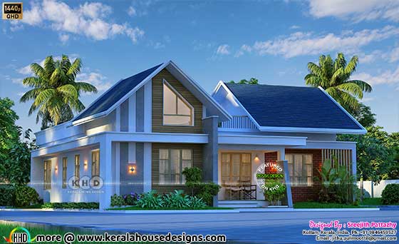 Exterior View of Charming Kerala Home with Blue Sloping Roofs and Wooden Paneling