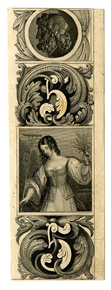 Young woman at centre. Decorative patterns with number 5 at upper and lower centre. Male profile portrait at top centre. Design printed in black. (19th c)