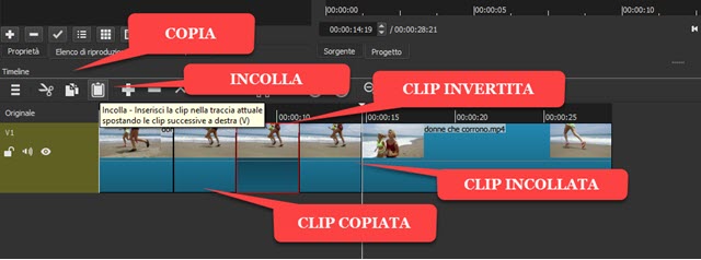 aggiunta di una clip invertita tra due clip originali