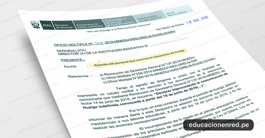 OFICIO MÚLTIPLE N° 268-2018-MINEDU/VMGI-DRELM-DUGEL02/ARH - Relación del personal que incurran en situaciones de huelga - www.ugel02.gob.pe