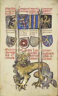 F. 90r do armorial De ministerio armorum (John Rylands Library, Latin MS 28).