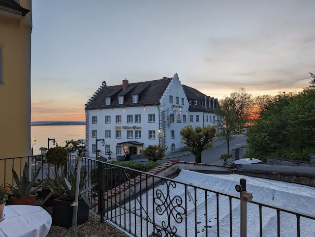 Hotel Wilder Mann in Meersburg, Germany at sunset