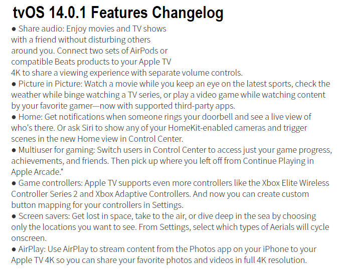 tvOS 14.0.1 Features Changelog