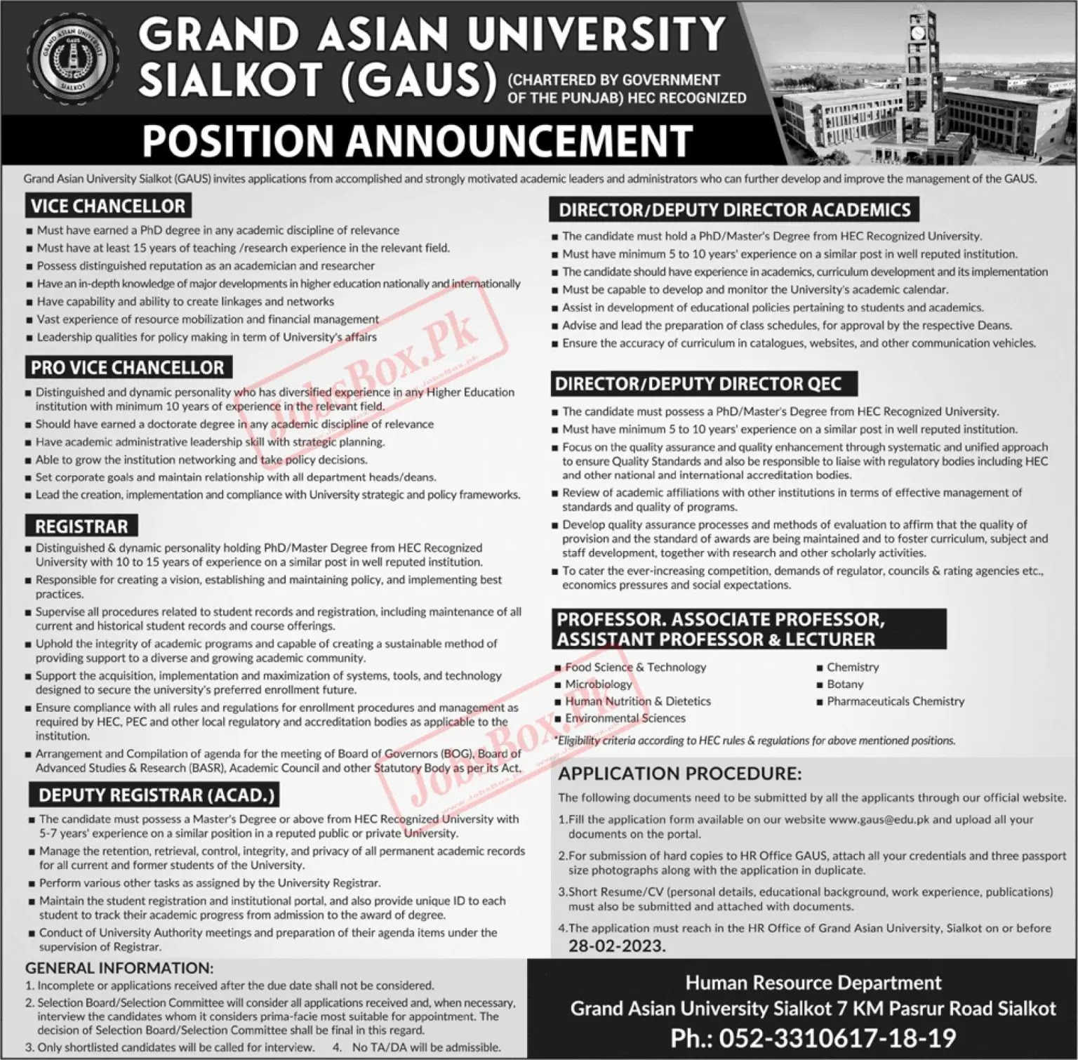 Grand Asian University Sialkot Jobs 2023 - GAUS Jobs 2023