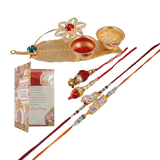 Jaipuri Haat Superior Quality Pooja Thali Along with 2 Bhai and 2 Bhabhi (Lumba) Rakhi, Full Size Greeting Card and Chandan Roli