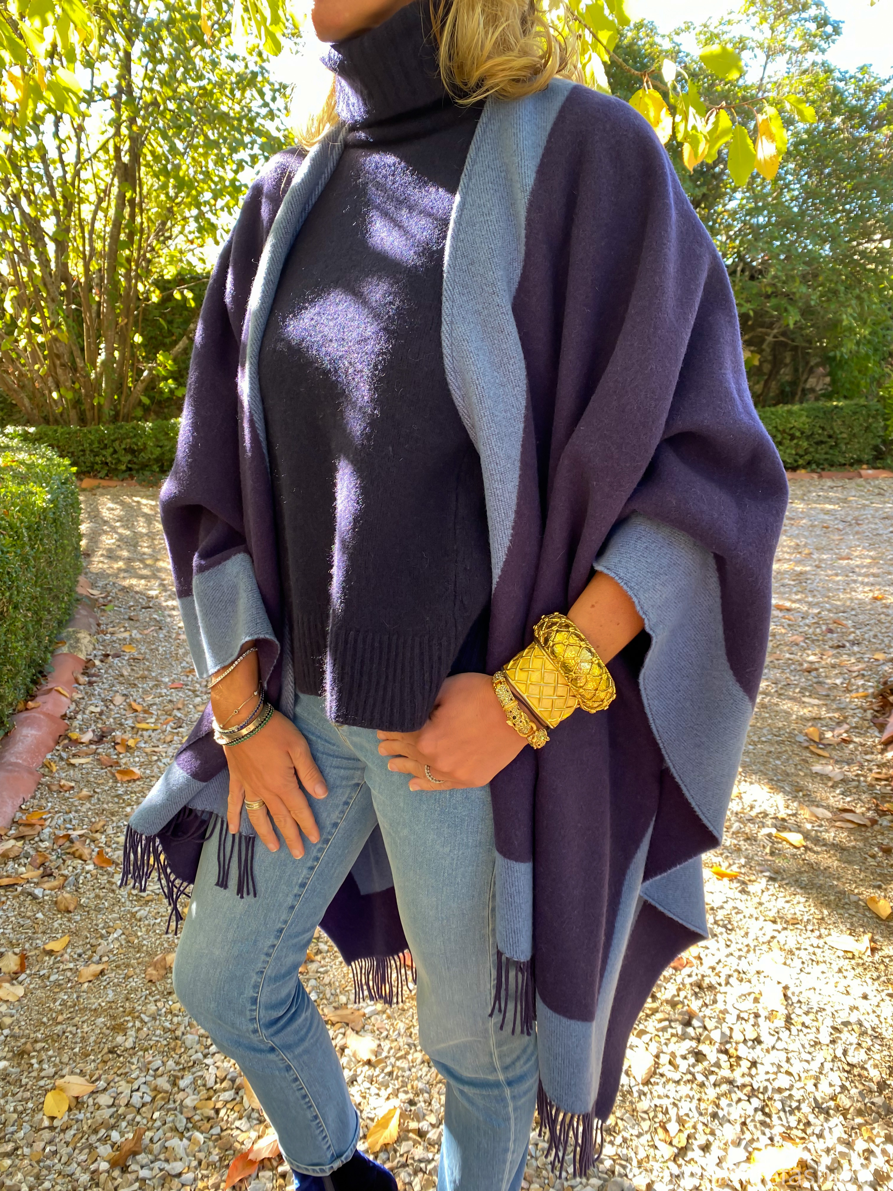 my midlife fashion, black two tone blue lambswool blanket cape