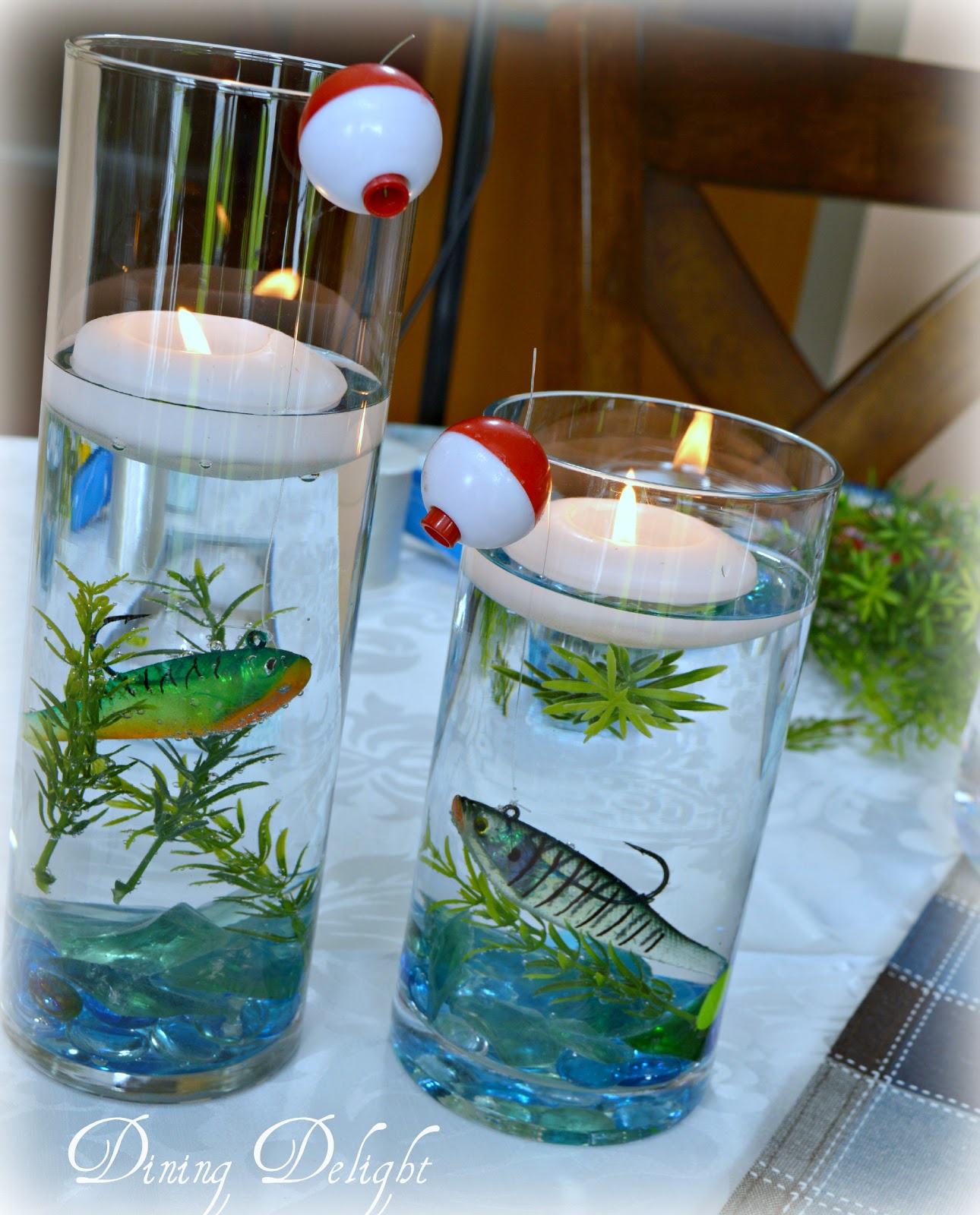 Dining Delight: Fishing Centerpiece in Cylinder Vase