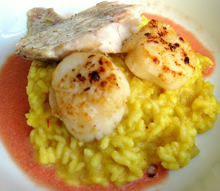 Rotbarschfilet, Fenchel-Safranrisotto, gegrillte Jakobsmuschel mit Lakritz und Kaktusfeige