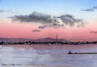 水彩画　東京湾夕景　Watercolor Sunset Tokyo Bay