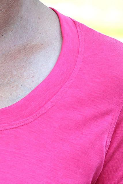 The Confident Stitch Rayon Lycra Coral knit made into Angela Wolf's Ruched T - neckline