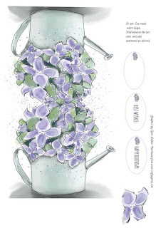 Image shows a watercolour watering can shaped card. The can contains pale purple hydrangeas
