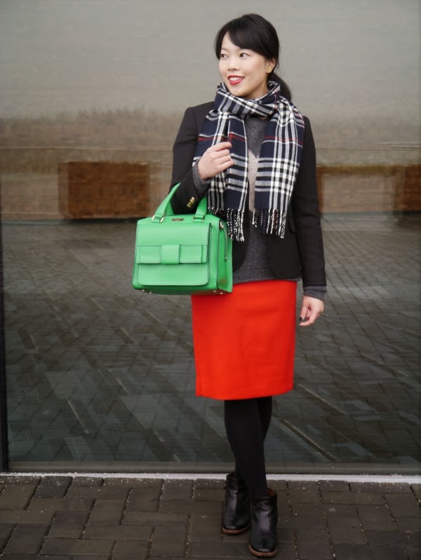 Plaid scarf, red pencil skirt, and a green Kate Spade bag worn with neutrals