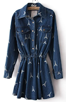 Navy Long Sleeve Eiffel Tower Pockets Denim Dress