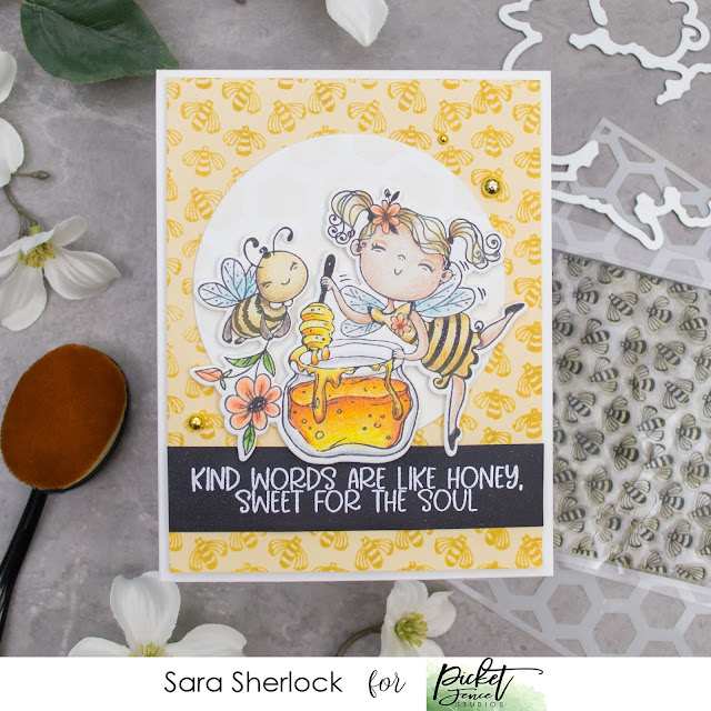 Picket Fence Studios October Release Card: Honey Dear Stamp, Buzz Stamp, Honeycomb Stencil, Ink Blending, Prismacolor Pencils