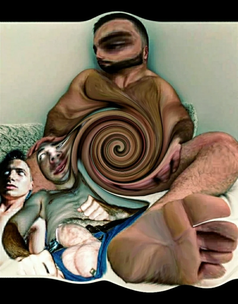 PPPimp created by Oregonleatherboy a digital art of muscular naked man with two mind controlled mindless guys with empty eyes at his feet being controlled by Master with bigger spiral5/5