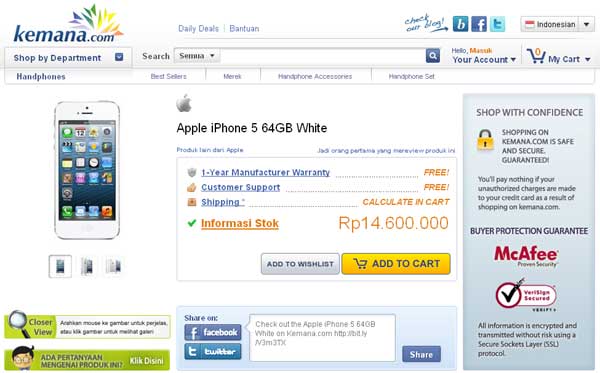 Referensi Harga iPhone 5 di kemana.com