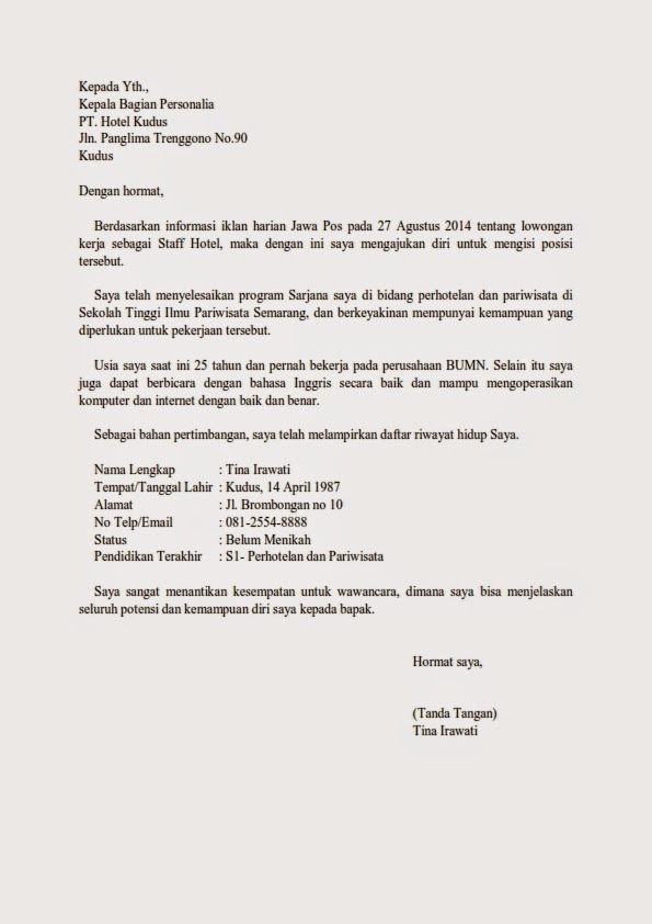 Contoh Surat Lamaran Kerja Hotel - Contoh U