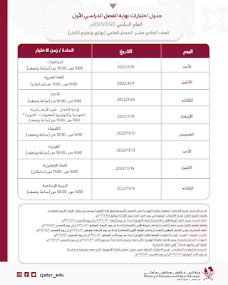 جدول اختبارات الصف الحادي عشر - المسار العلمي 2022-2023 (نهاري وتعليم الكبار)