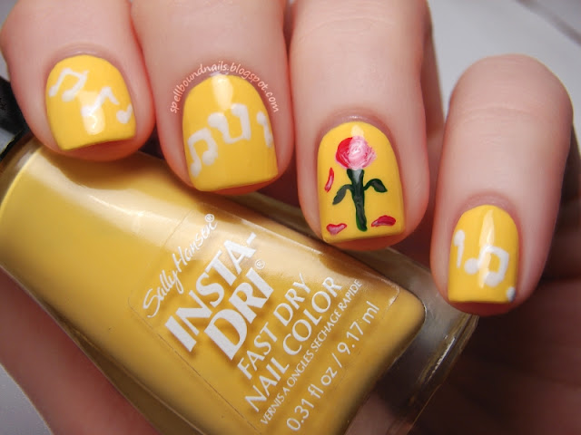 Disney nail art Challenge Beauty and the Beast yellow Sally Hansen Lightening music notes white rose magic magical wilting Princess nails Spellbound