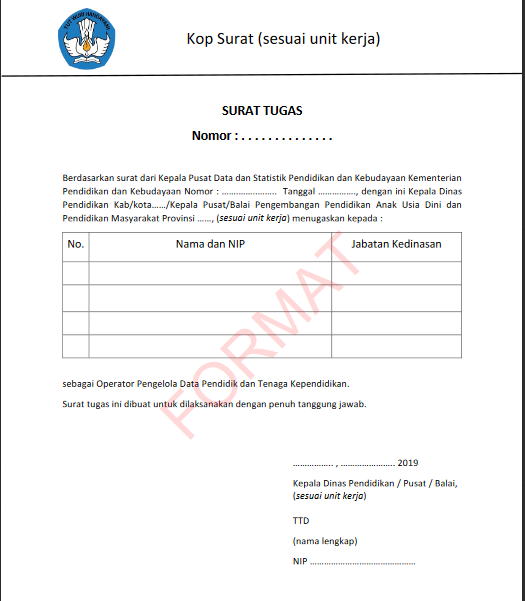 Contoh Format Surat Penugasan sebagai Pengelola Data Pendidik dan Tenaga Kependidikan 