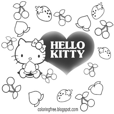 Cute Hello kitty coloring love heart sheets pretty cherry and strawberry printable for teenage girls