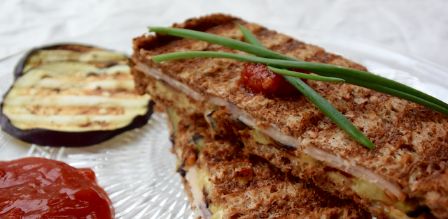 Semi-healthy hangover sandwich with grilled eggplant, smoked chicken and sambal