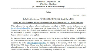 IOCL Pipelines Division Apprentice Admit Card & Shortlisted for Apprentices Written Test 2022