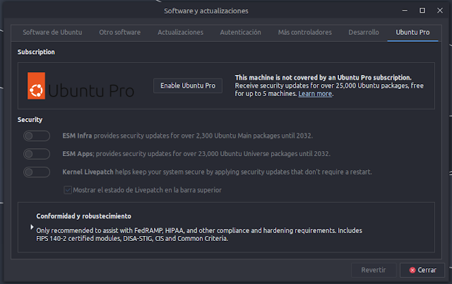 Nueva pestaña en software y actualizaciones de Xubuntu que nos "invita" a suscribirnos a Ubuntu Pro