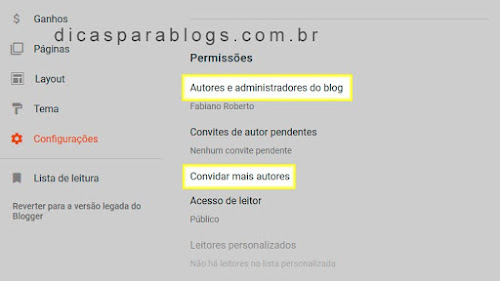 Configurações das Permissões do Blogger